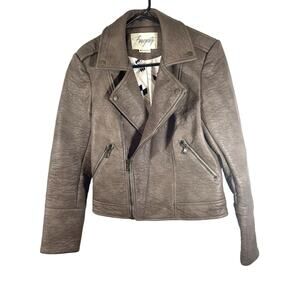 Fauxgerty Brown Vegan Leather Asymmetric Zip Silk Lined Jacket Zip Pockets